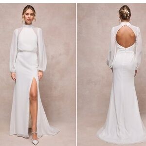 LULU's Graceful Love White Long Sleeve Backless Elegant Mermaid Bridal Gown